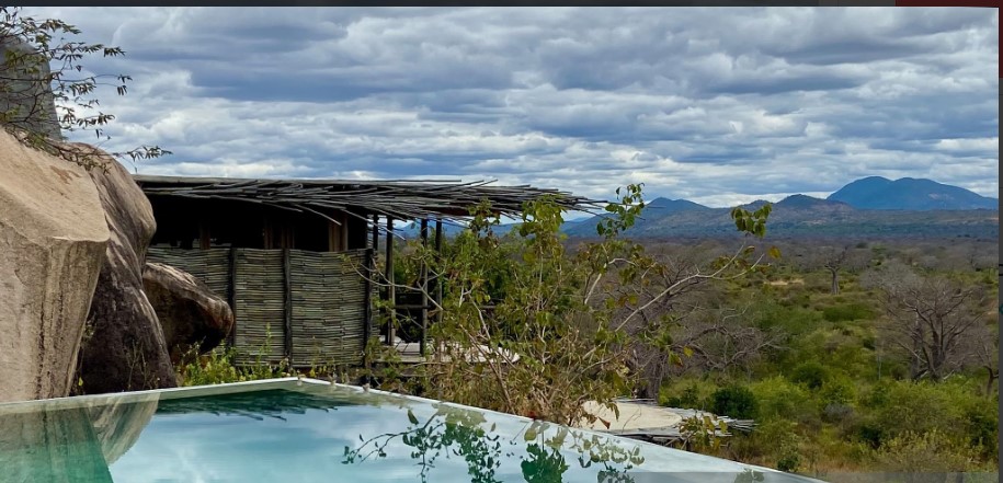 Luxury safari lodge overlooking Serengeti plains at sunset with wildlife in the distance.