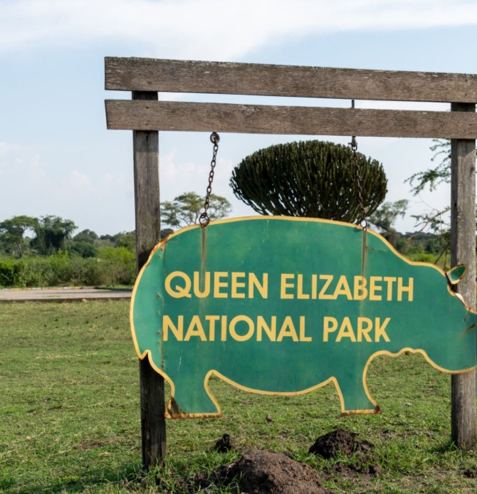 A scenic view of Queen Elizabeth National Park with wildlife grazing on the savannah and distant crater lakes in the background.